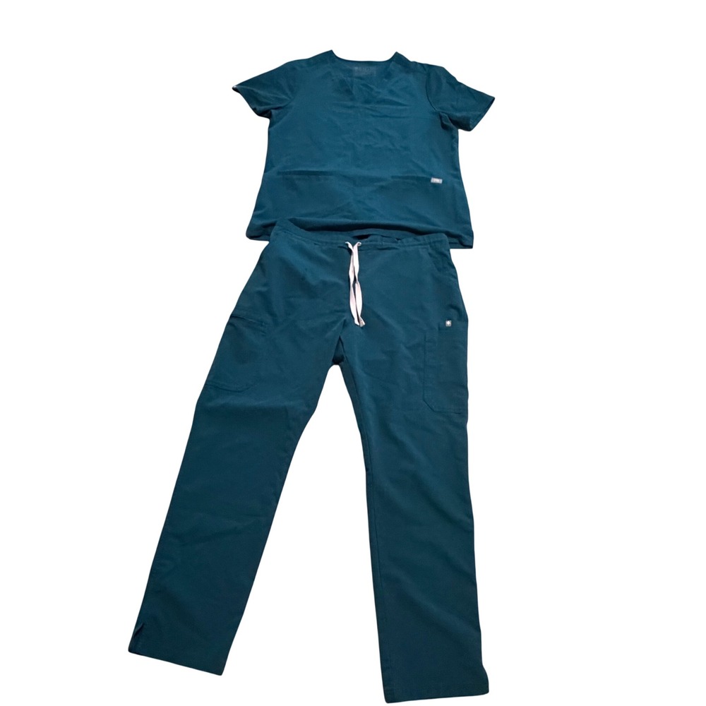 FIGS Carribean Blue Scrub Set Casma Top Livingston Pants Large Nurse some stains